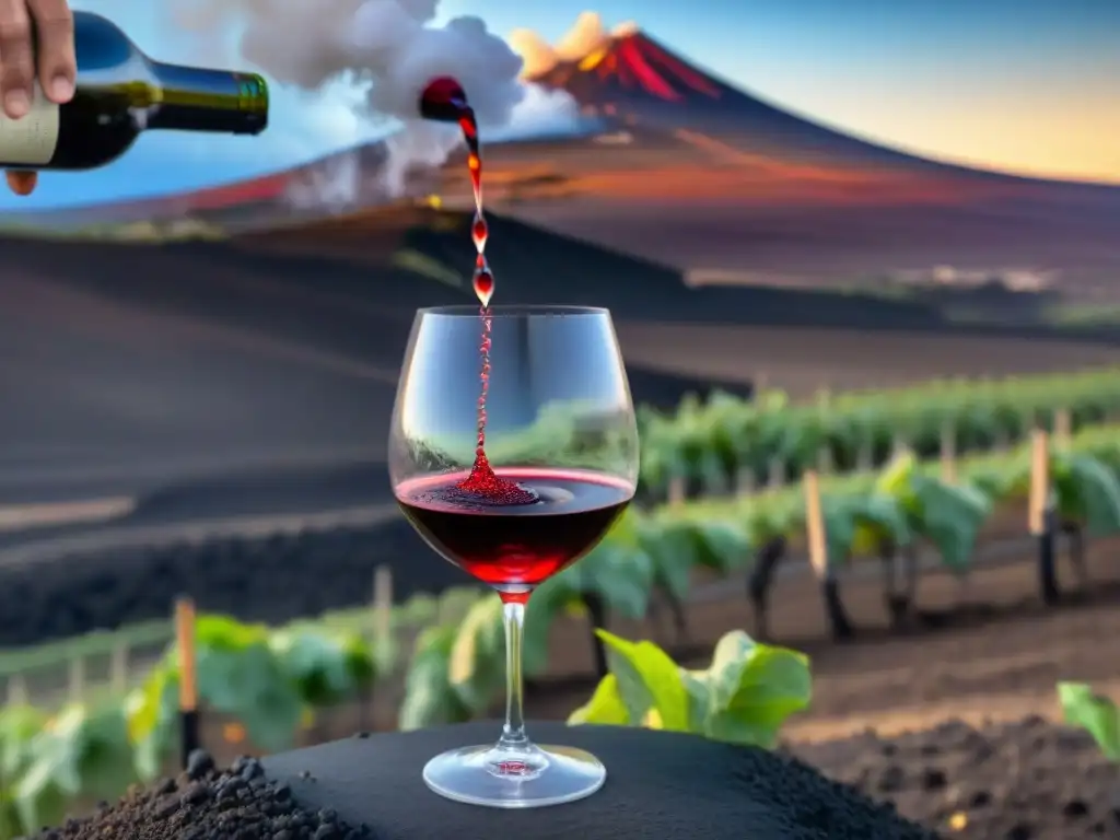 Un sommelier sirviendo con maestría un vino Etna Rosso en copa de cristal, con la esencia del volcán en la vista