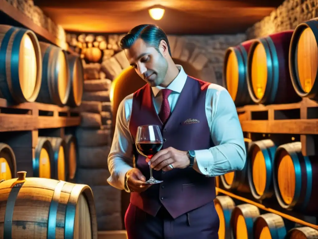 Un sommelier vierte vino italiano en una bodega rústica iluminada con arte pintura, creando una escena cautivadora