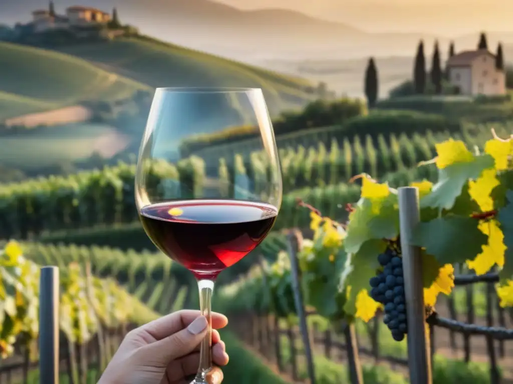 Un sommelier sirviendo vino italiano en una copa de cristal, con viñedos al atardecer en Toscana