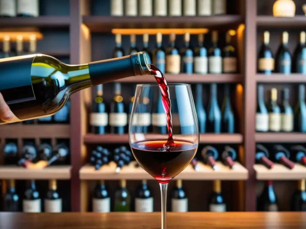 Un sommelier vierte con maestría un vino tinto italiano en una copa de cristal, en un restaurante tradicional