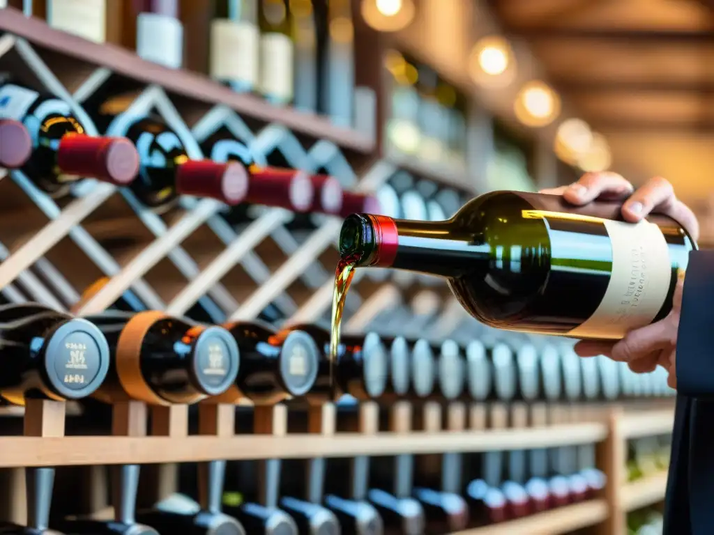 Un sommelier vierte un vino tinto italiano en un cristal, con botellas ordenadas de vinos italianos en el fondo del taller certificado vinos italianos