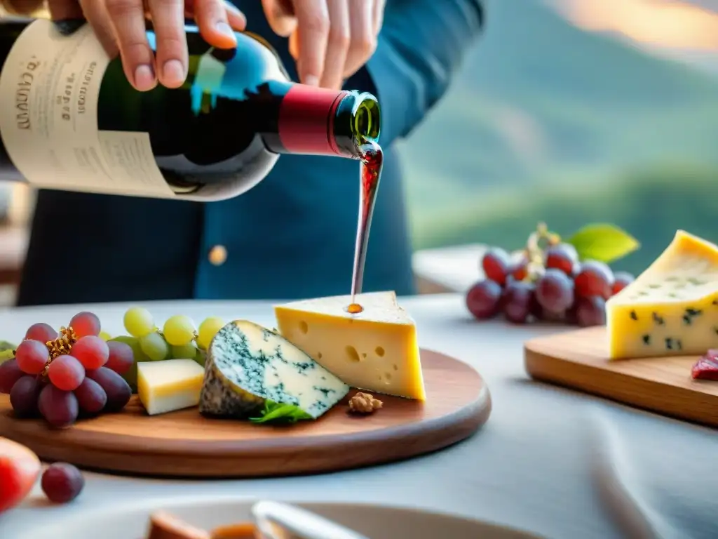 Un sommelier sirviendo vino italiano en copa de cristal, rodeado de quesos y embutidos