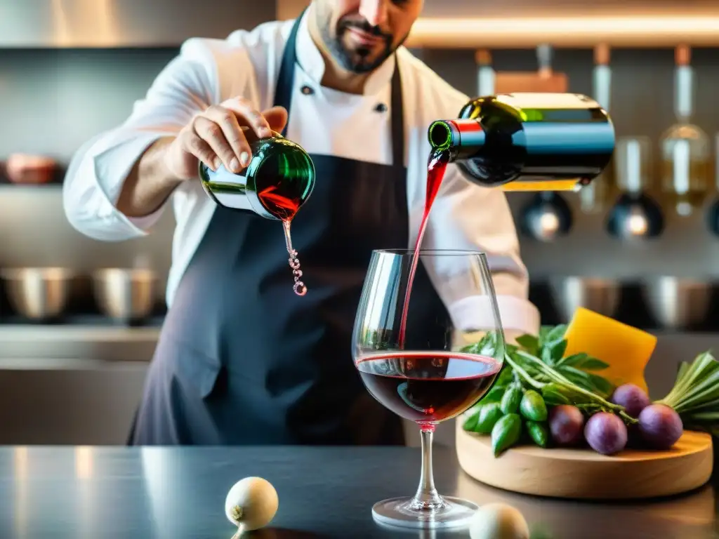 Un sommelier vierte vino natural en copa cristal en cocina italiana durante eventos