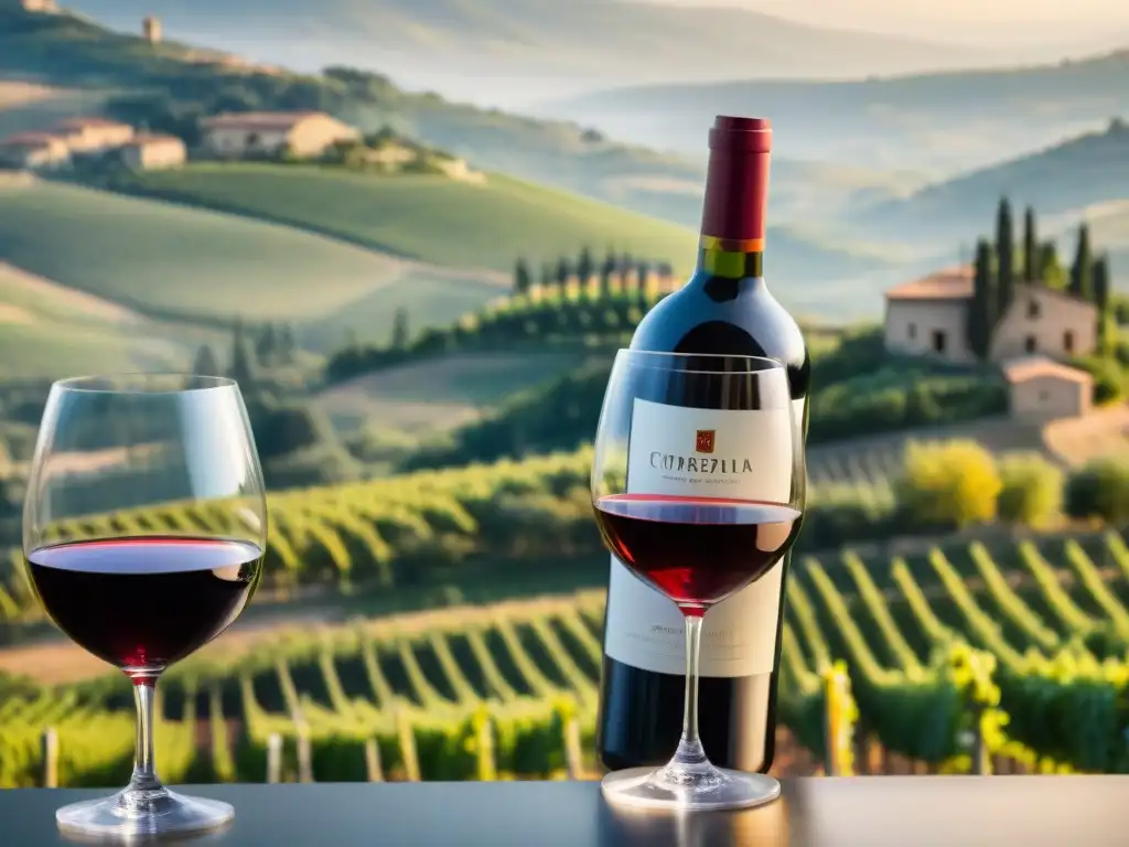 Un sommelier vierte vino tinto toscano en una copa de cristal frente a viñedos soleados