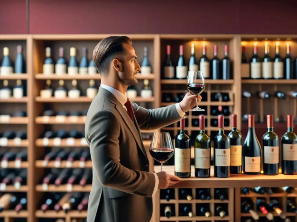 Un sommelier sirviendo vino en una vinoteca histórica, con estantes de pan artesanal, creando un ambiente cálido y acogedor para degustaciones premium