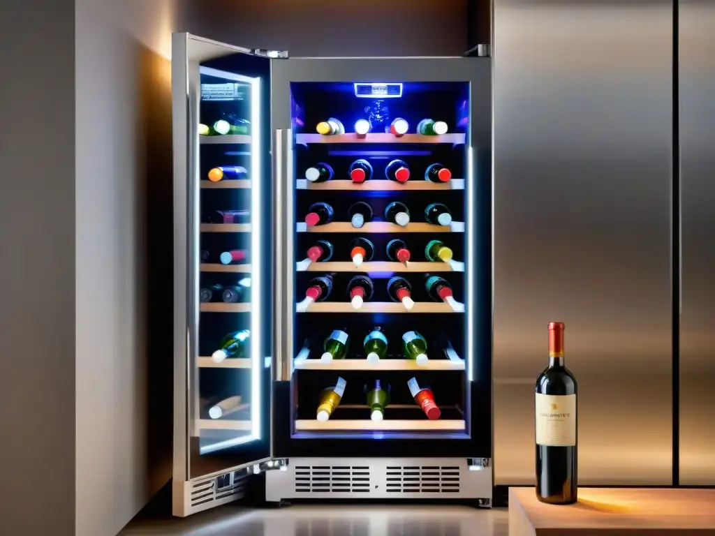 Un sommelier elige vinos italianos en un refrigerador moderno de doble zona de temperatura