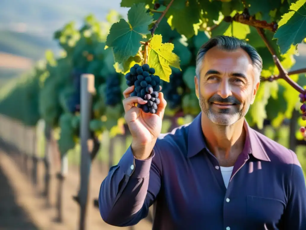 Un sommelier certifica vinos italianos en un viñedo tradicional, inspeccionando uvas Sangiovese moradas bajo el sol toscano