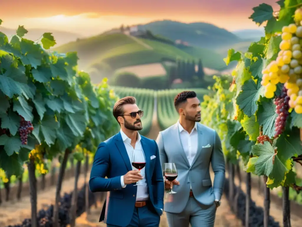 Sommeliers elegantes catando vinos en viñedo al atardecer, creando atmósfera sofisticada para eventos de cata de vinos