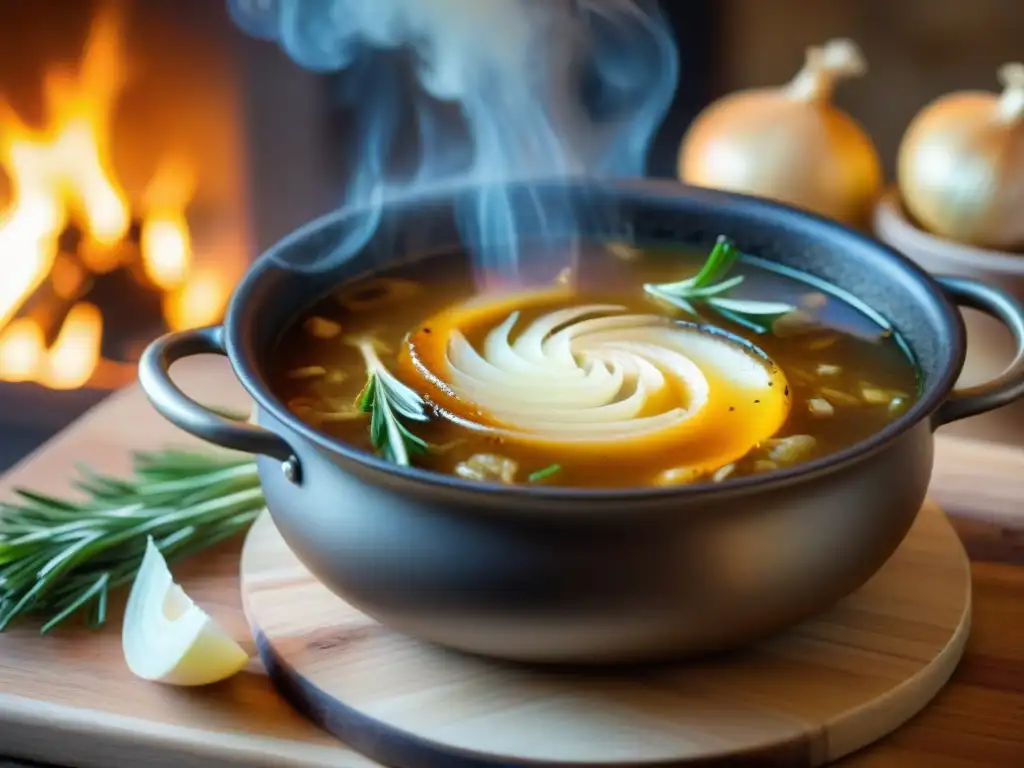 Una sopa de cebolla italiana tradicional en una olla rústica sobre fuego abierto