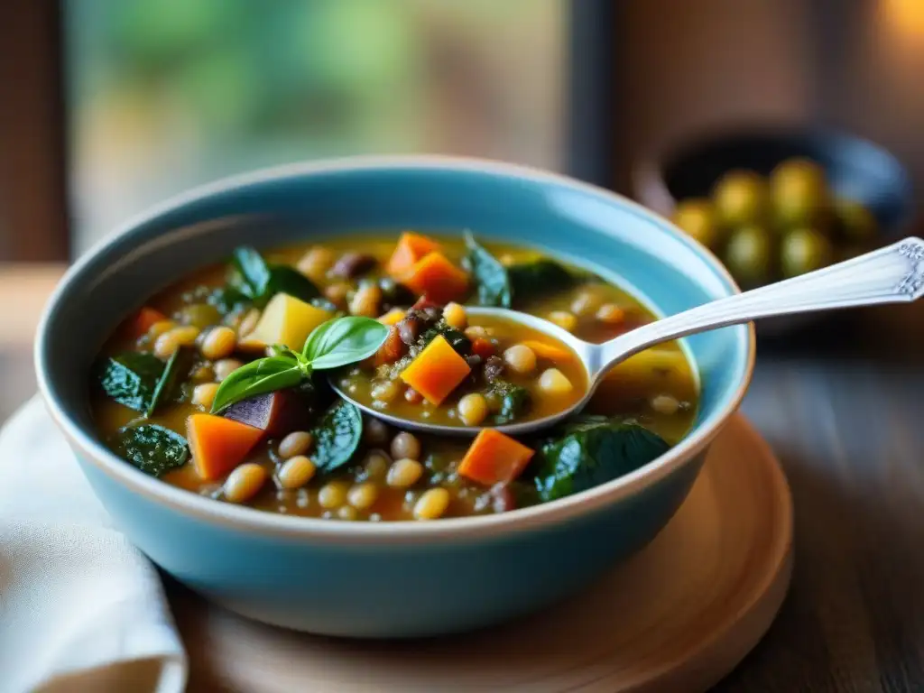 Sopa toscana Ribollita receta: cuchara de madera levantando un delicioso plato de Ribollita con verduras y frijoles, iluminado por luz natural cálida