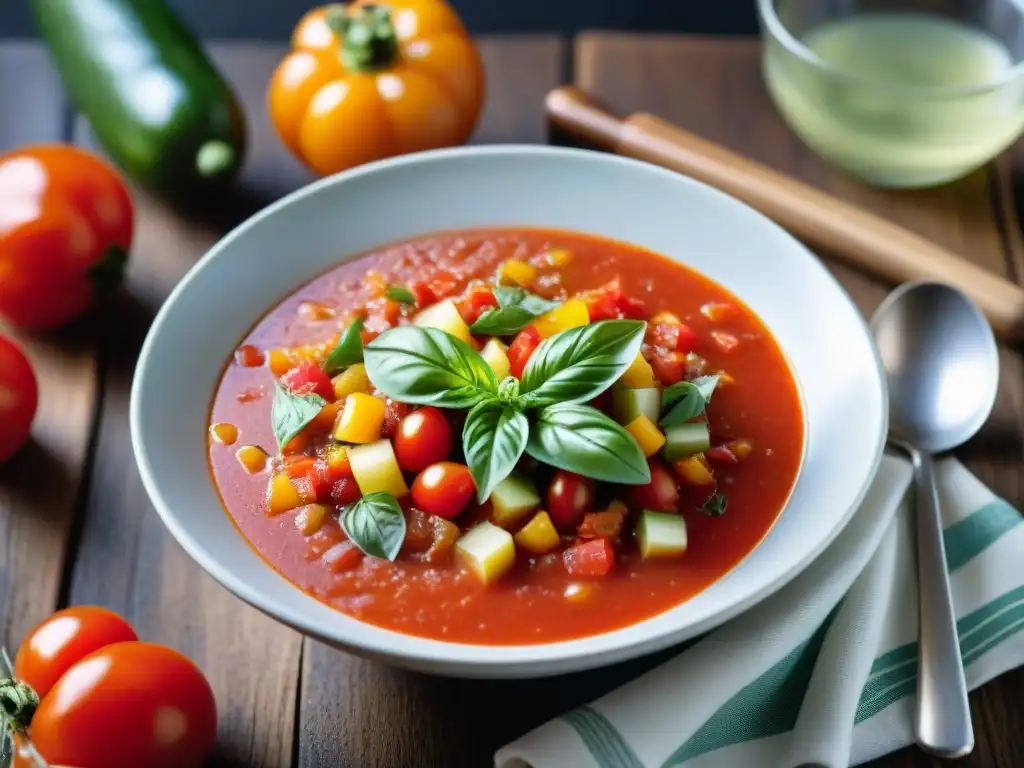 Sopas frías italianas recetas saludables: Detalle refrescante de gazpacho tradicional con tomates, pepinos, pimientos y albahaca en bowl