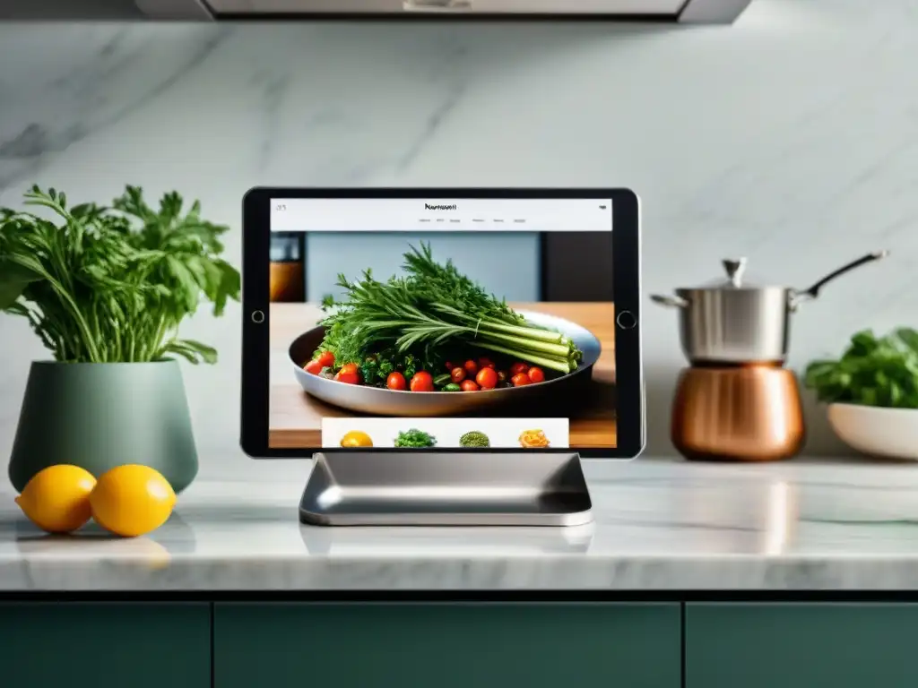 Un soporte de tablet para chefs digitales en cocina moderna y elegante