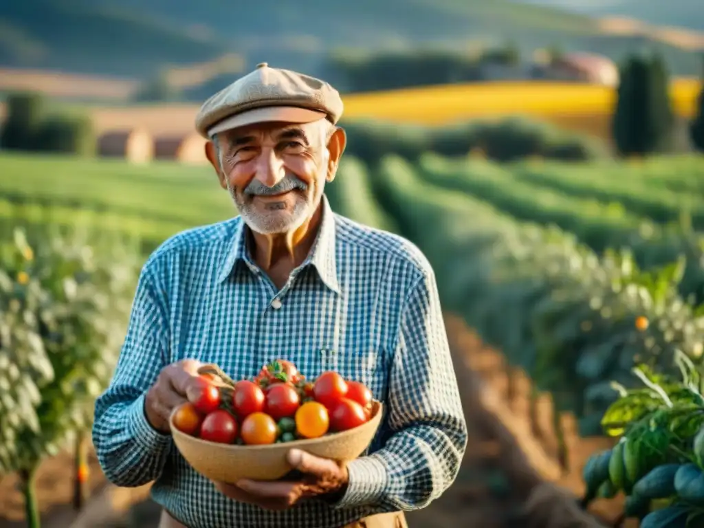 Sostenibilidad en la cocina italiana: Anciano granjero italiano inspecciona tomates frescos bajo el sol en campo verde