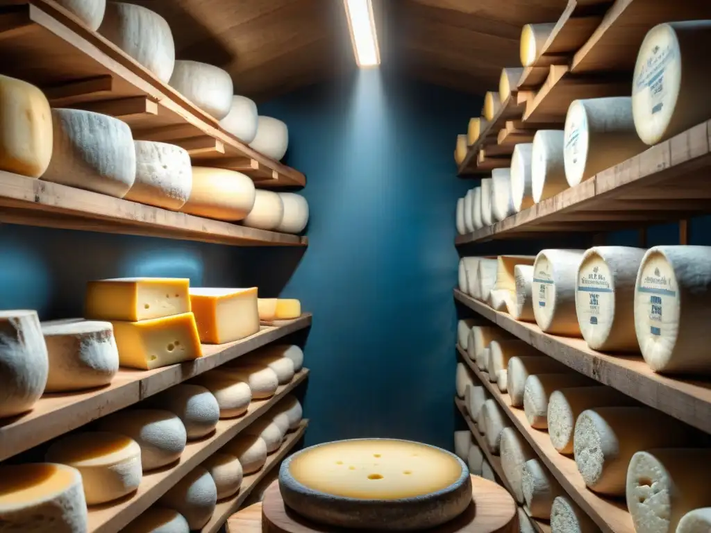 Encanto rústico: bodega de queso italiano con Gorgonzola envejecido Un sótano de queso Gorgonzola auténtico envejecido, con encanto rústico y tradición