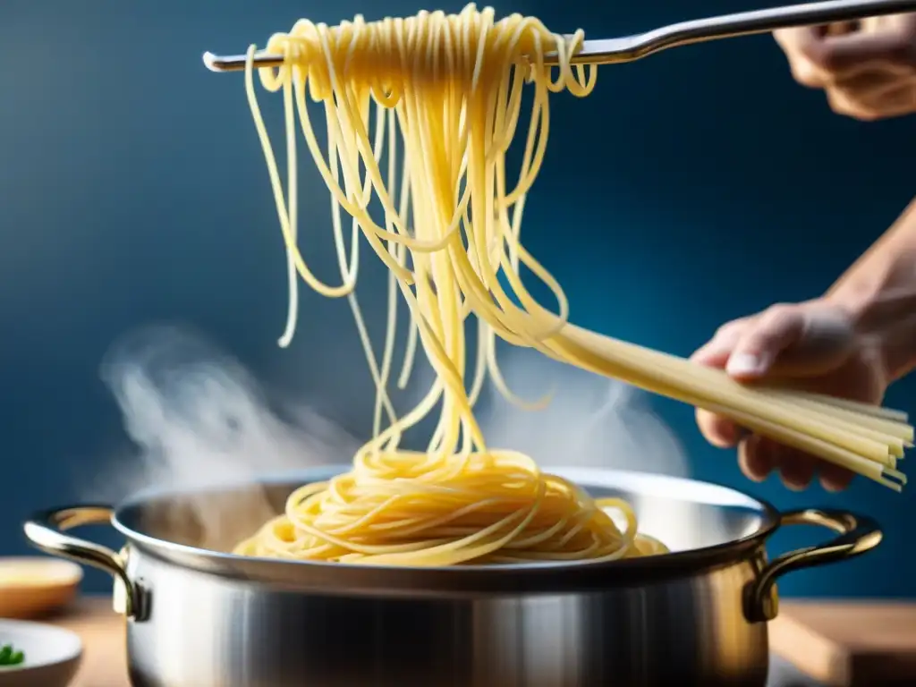 Spaghetti siendo cocido en una olla con agua hirviendo, consejos para cocinar pasta al dente