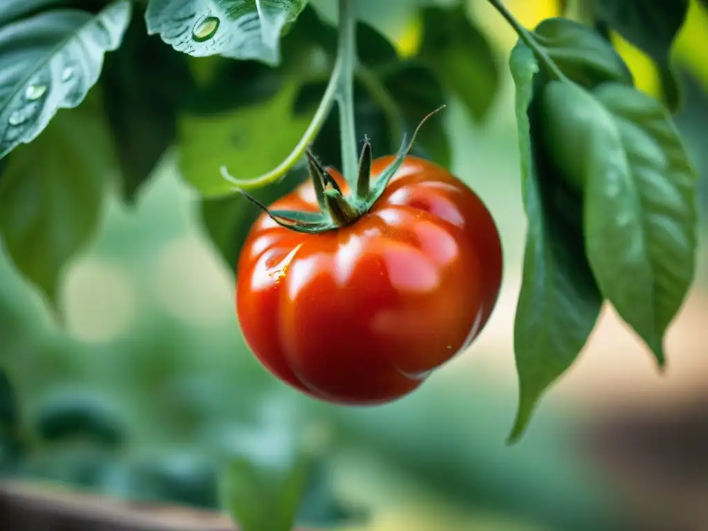 Una suculenta tomate San Marzano maduro bajo el sol mediterráneo, con hojas verdes vibrantes