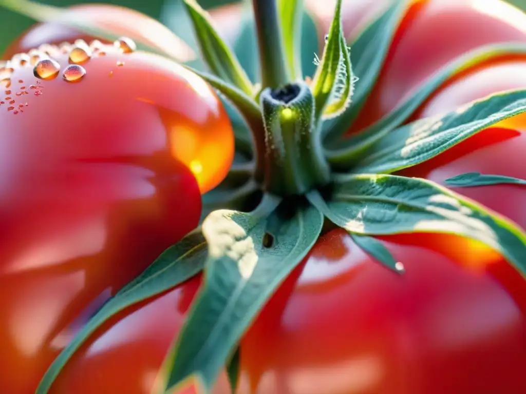 Una suculenta y vibrante tomate rojo recién cosechado, con gotas de agua brillando al sol