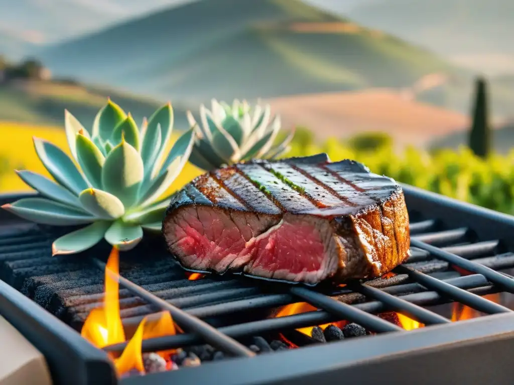 Un suculento filete italiano a la parrilla con jugos brillantes y marcas de grill, en un entorno campestre toscano al atardecer