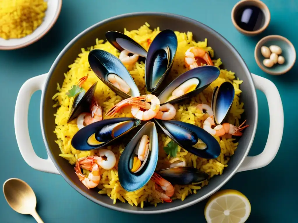 Un suculento risotto con influencia española, repleto de mariscos frescos bajo el sol mediterráneo