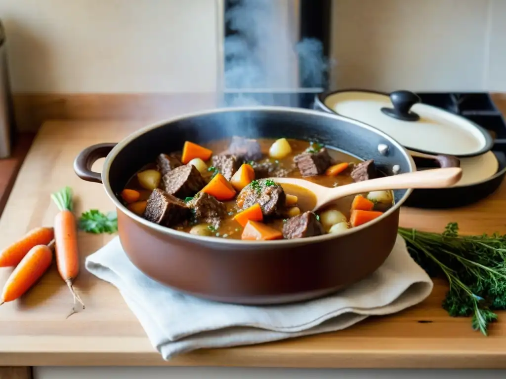 Un suculento spezzatino italiano tradicional burbujea en una cocina rústica, creando una atmósfera acogedora y tentadora