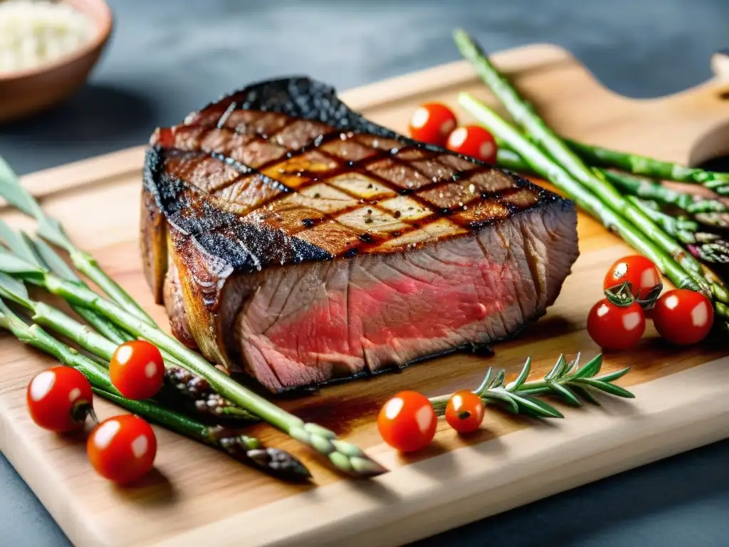 Un suculento T-bone steak a término medio, con guarnición de tomates cherry asados y espárragos a la parrilla