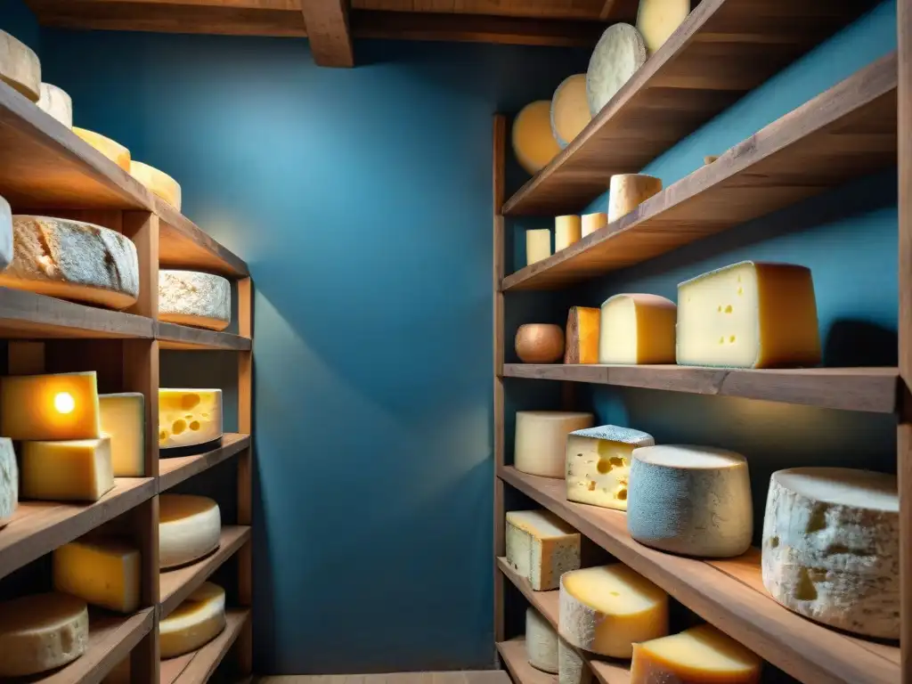 Cellar de Queso Roquefort: Tradición y Misterio Francés Sumérgete en la misteriosa y encantadora atmósfera de una bodega de quesos franceses, con ruedas de Roquefort envejecido y herramientas tradicionales
