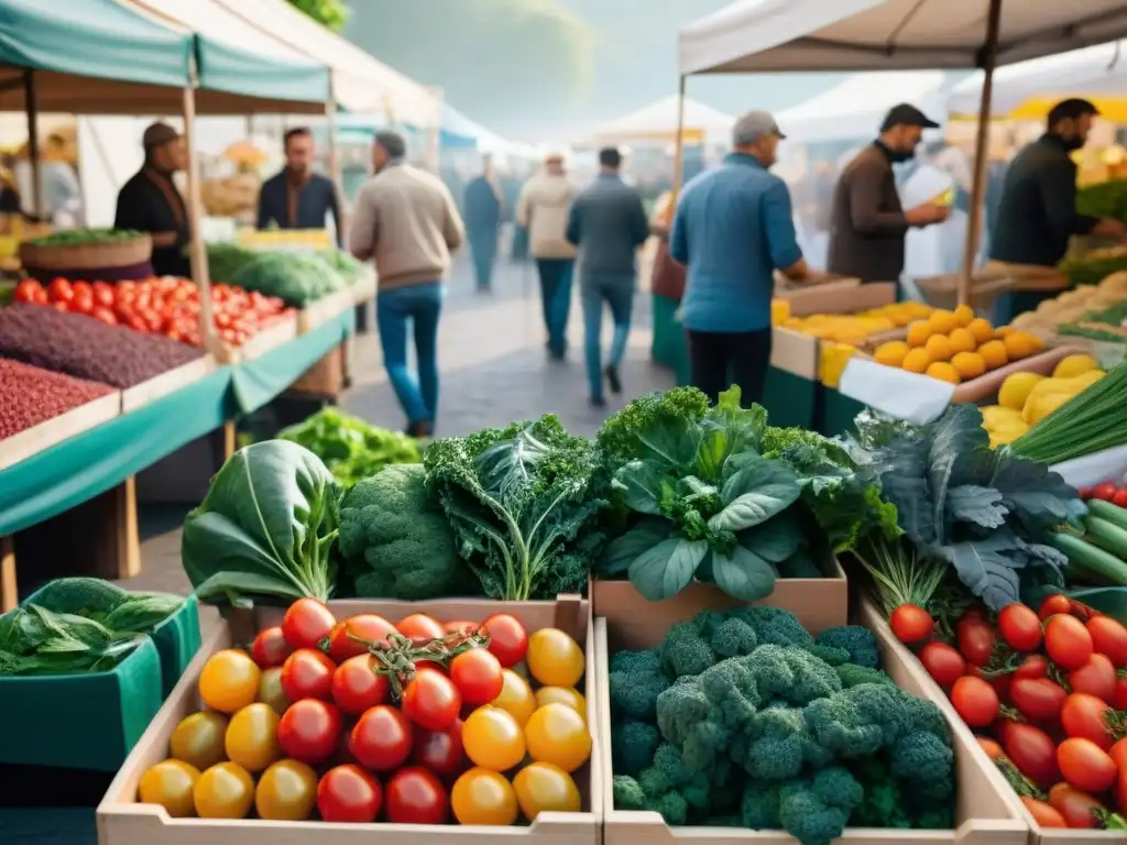 Superalimentos italianos revolucionarán dieta: Animado mercado campesino en Italia con vibrantes productos frescos y vendedores locales