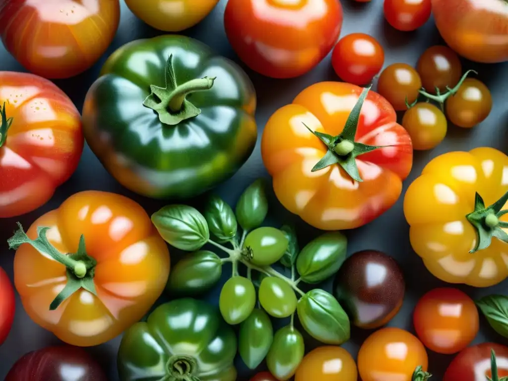 Superalimentos italianos revolucionarán dieta: Tomates de colores vibrantes de granja italiana, frescos y variados bajo la luz matutina