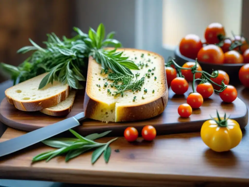 Una tabla de cortar de chef italiano desgastada, con marcas de cuchillo y manchas, rodeada de hierbas frescas, tomates y pan rústico