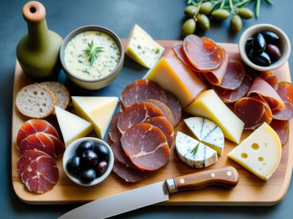 Una tabla de embutidos italianos influenciados por Europa: prosciutto, salami, coppa, quesos, aceitunas y pan fresco