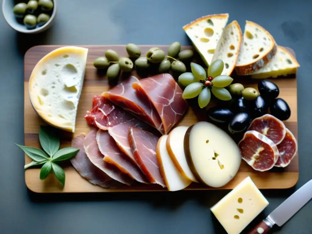 Deléitate con una tabla de embutidos italianos influenciados por Europa: prosciutto, salami, pancetta, queso, aceitunas y pan fresco