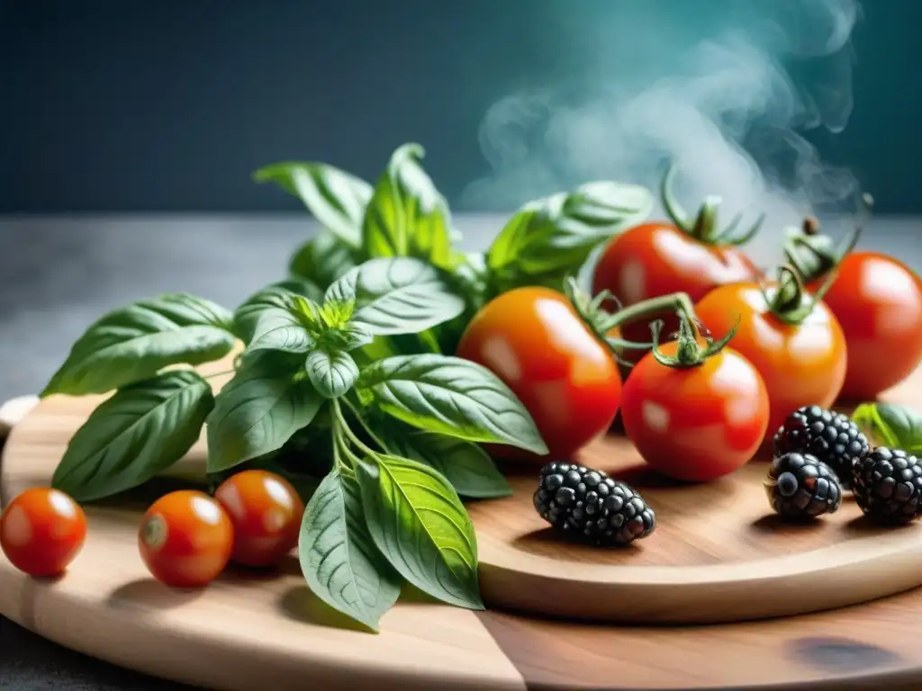 Tabla de cortar de madera con ingredientes frescos variados, perfectos para vinagre balsámico