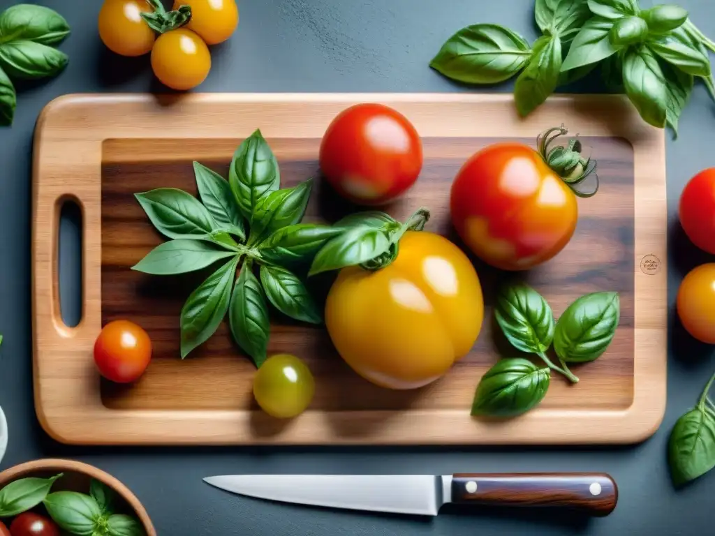 Una tabla de cortar de madera llena de tomates variados, albahaca fresca, aceite de oliva y vinagre balsámico