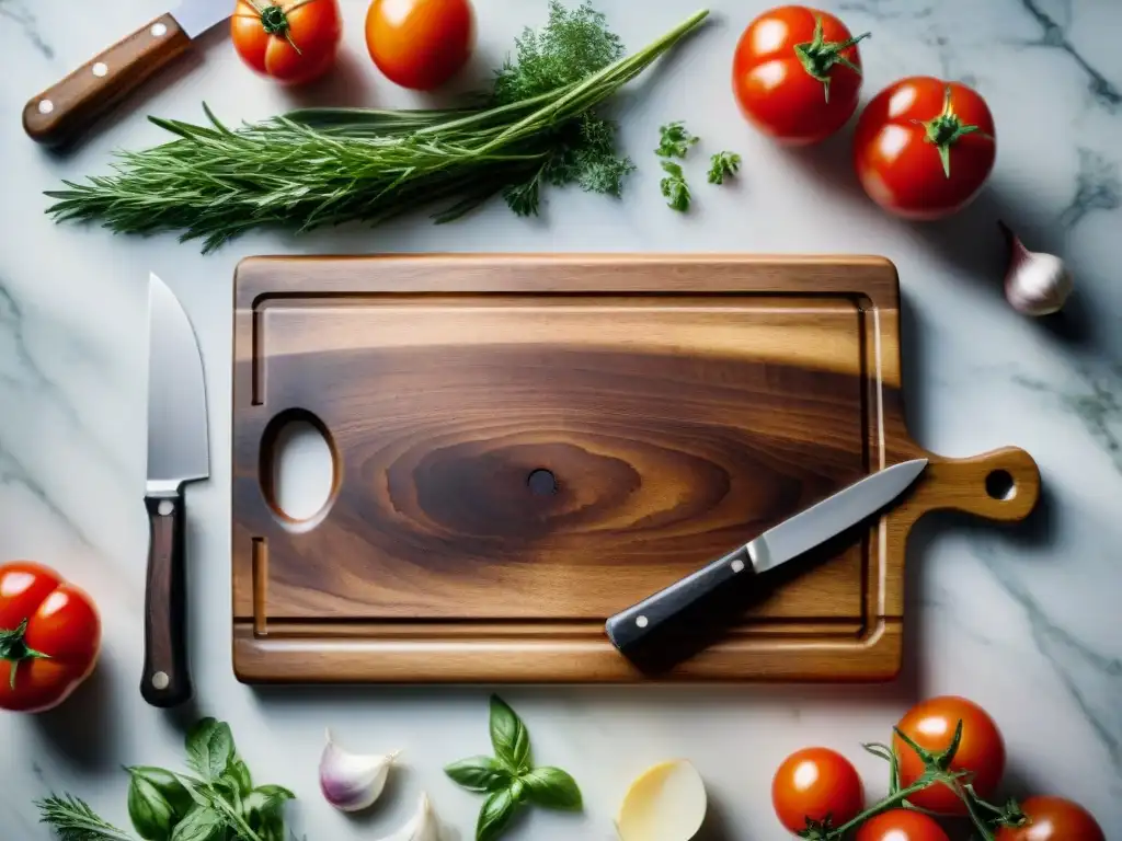 Una tabla de cortar de madera rústica, con marcas de cuchillo y manchas de uso, rodeada de hierbas frescas, tomates y ajos en un mostrador de mármol