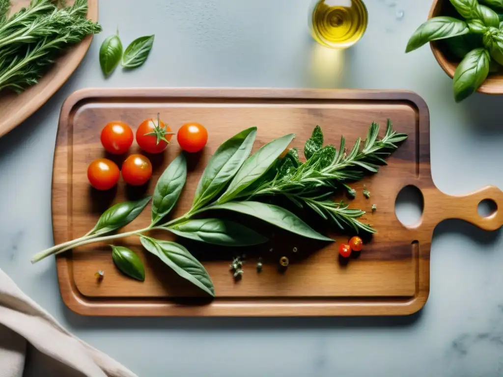 Tabla de cortar rústica con hierbas italianas frescas, tomates cherry y ajos, en suculenta armonía