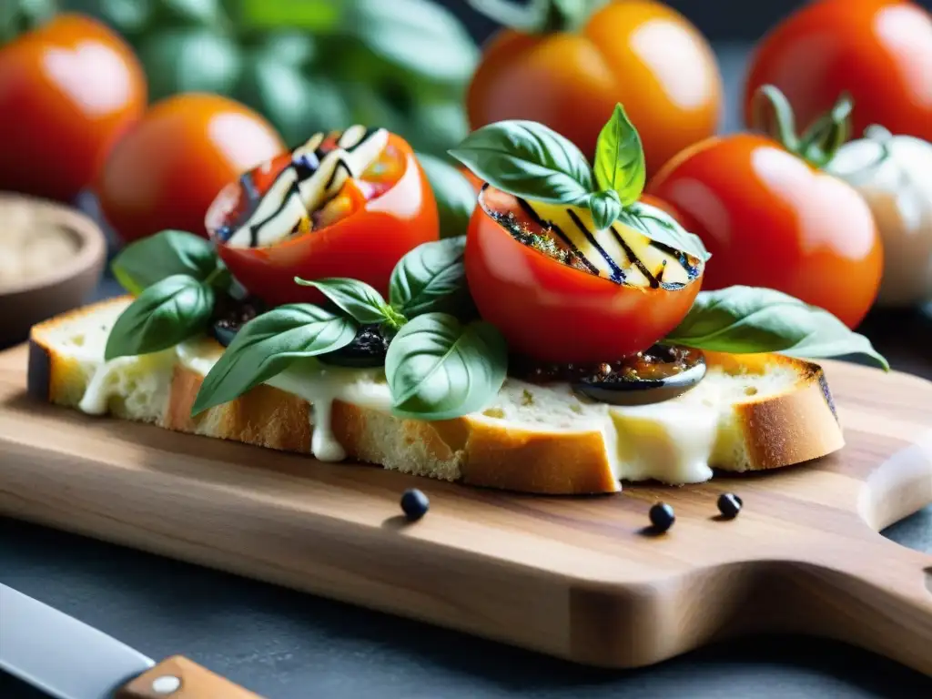 Una tabla rústica llena de ingredientes frescos para bruschettas vegetarianas