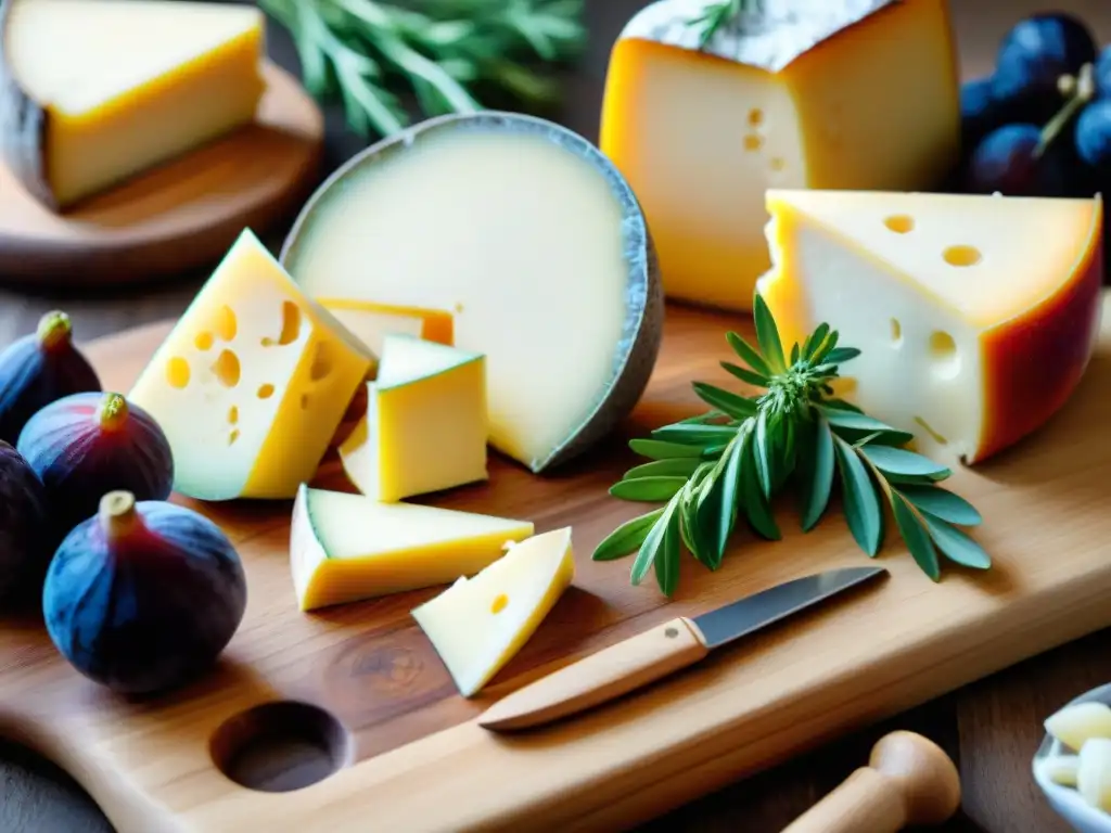 Una tabla rústica de queso Fontina rodeada de hierbas frescas y frutas de invierno