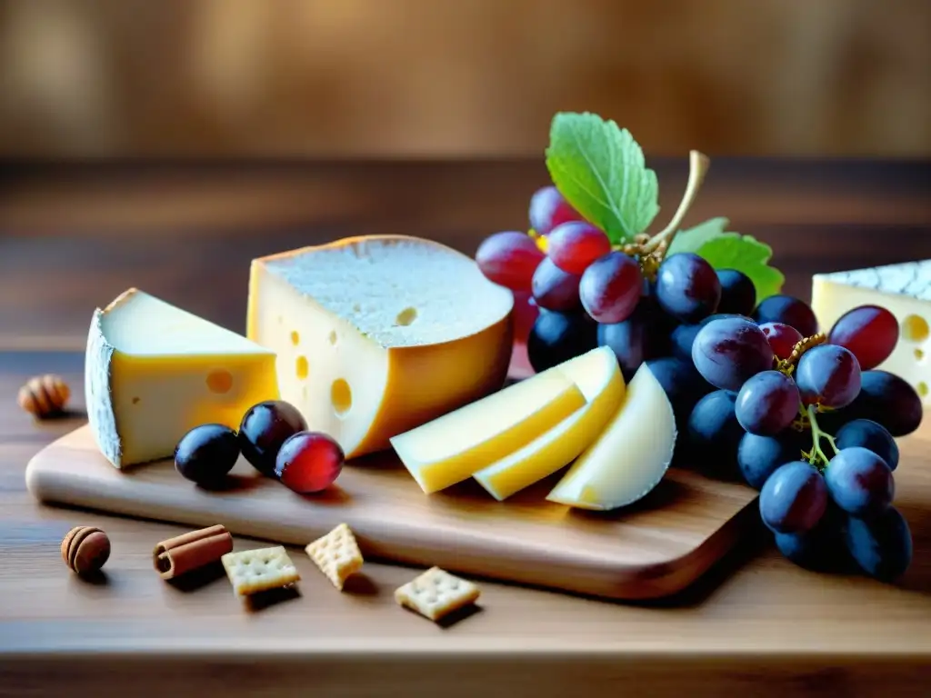 Una tabla rústica de queso Stracchino italiano con uvas rojas, galletas y miel dorada