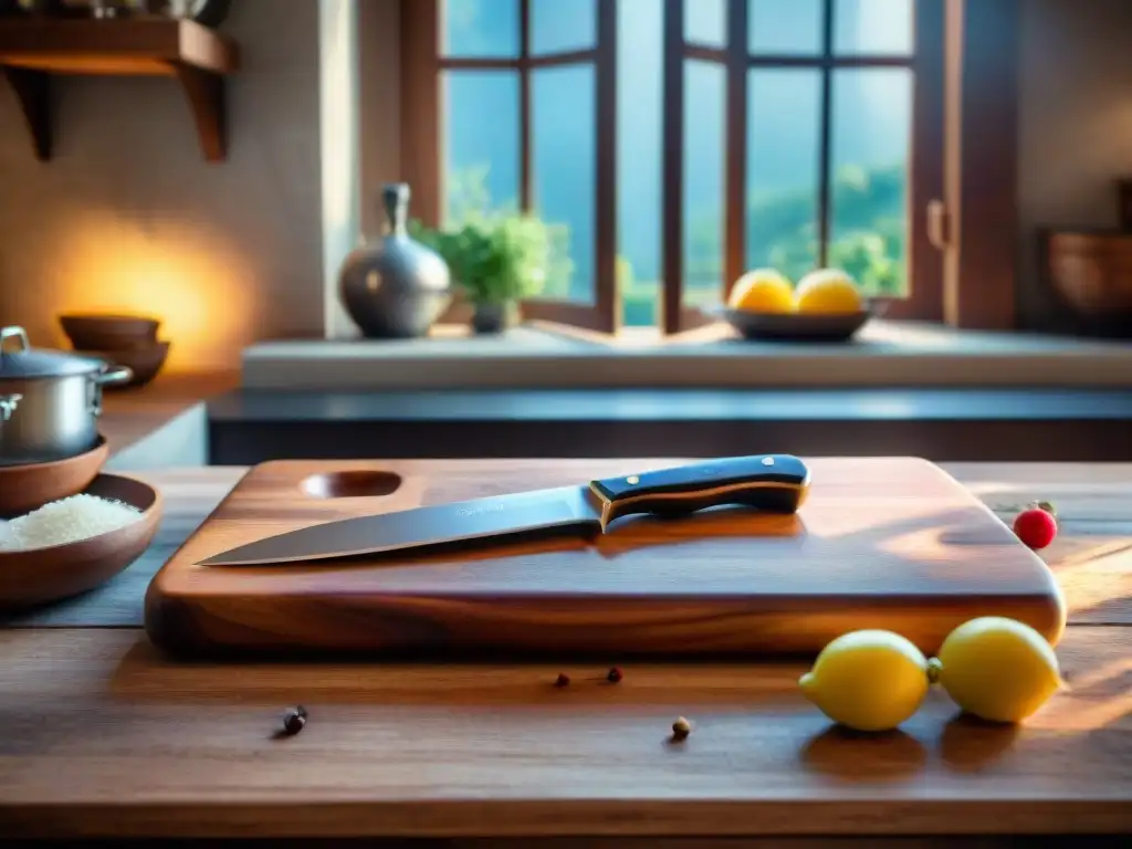 Tablas de cortar chef italiano en cocina rústica con marcas de cuchillo y manchas de comida, iluminadas por la suave luz matutina