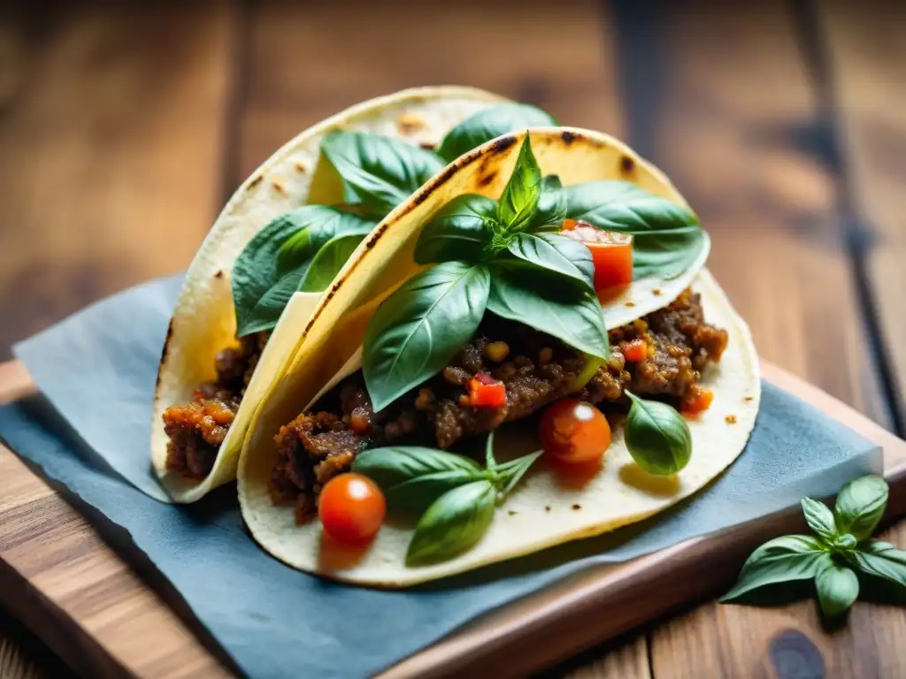 Taco al estilo Roma: fusión culinaria con salsa verde, tomate y queso parmesano sobre taco mexicano en ambiente rústico