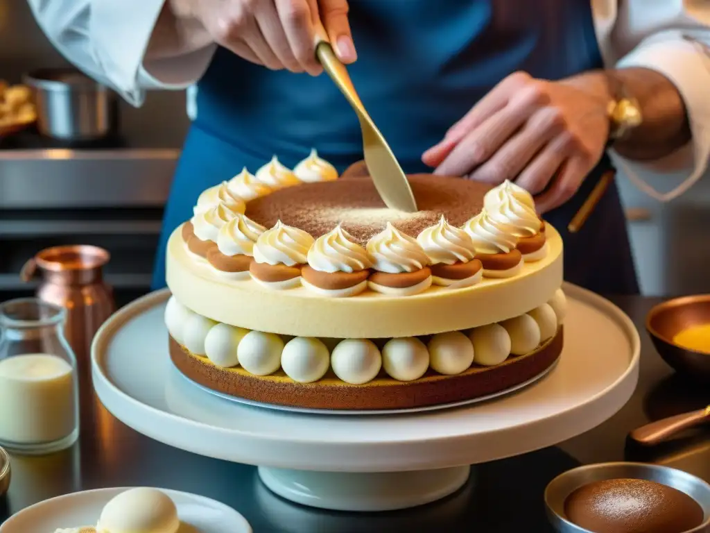 El talento del chef italiano al decorar un tiramisú con elegancia