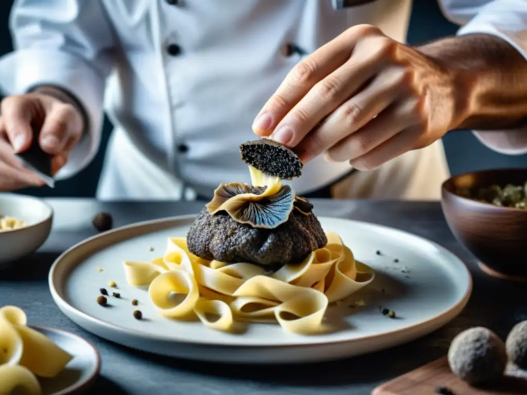 Un talentoso chef italiano experto en trufas, rallando delicadamente una exquisita trufa negra sobre un plato de pasta recién hecha, mostrando las capas brillantes de este lujoso ingrediente en la cocina italiana