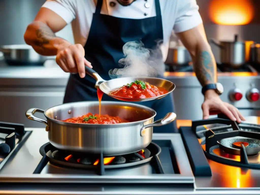 Un talentoso chef italiano joven en una cocina moderna, preparando salsa de tomate rojo con pasión y concentración