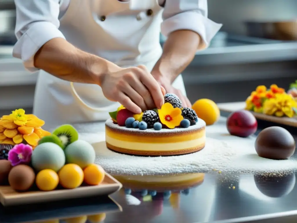 Un talentoso chef italiano de postres innovadores decora meticulosamente un exquisito postre en un estudio de cocina moderno