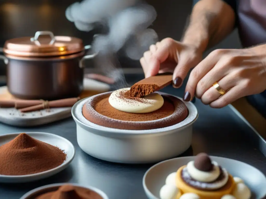 El talentoso chef de repostería elabora un exquisito tiramisú italiano, revelando los secretos postres italianos tradicionales