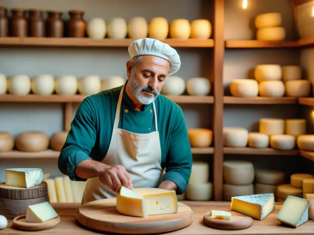 Taller tradicional italiano de quesos con artesanos expertos y ambiente rústico