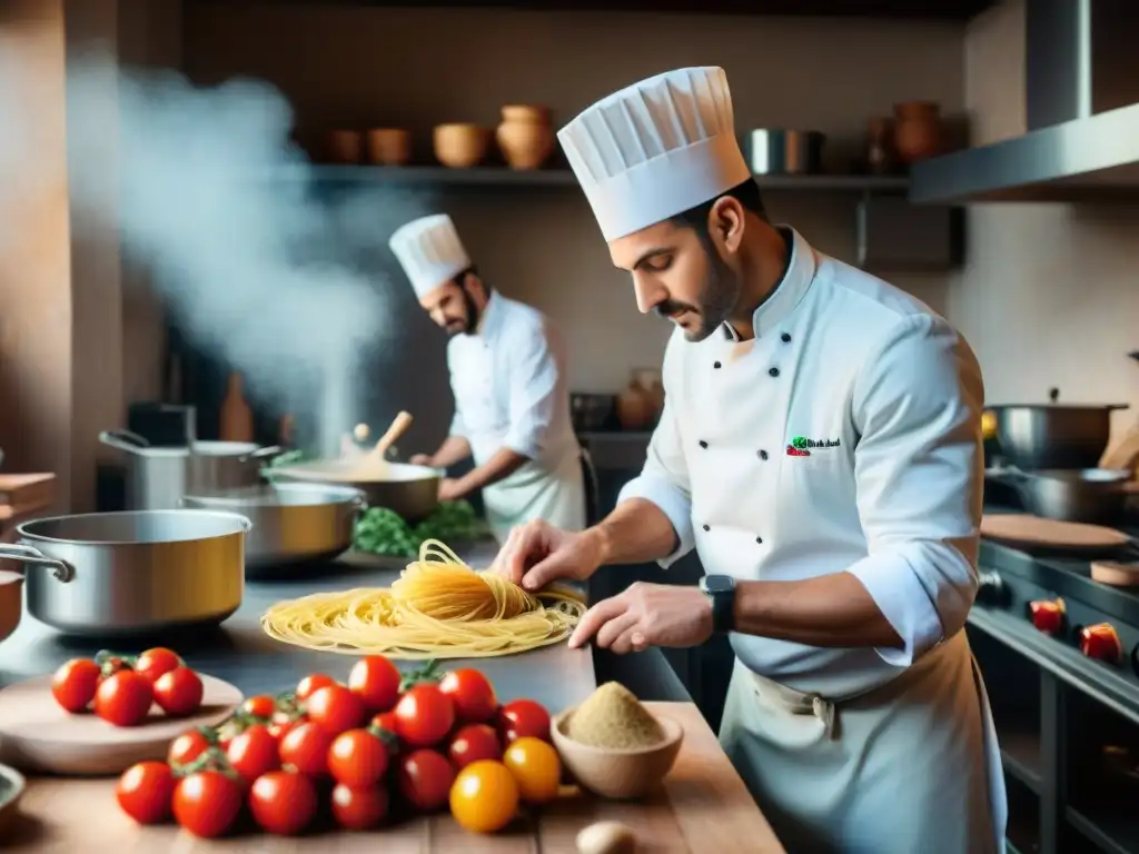 Talleres de cocina italiana especializados: Maestros chefs en una cocina bulliciosa, enseñando técnicas tradicionales con pasión