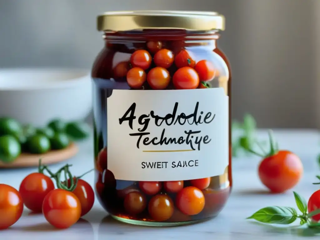 Tarro de conservas italianas: tomates cherry en agrodolce, técnica artesanal