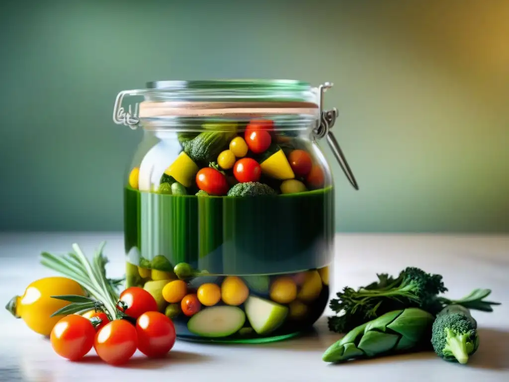 Un tarro de cristal con verduras coloridas en aceite de oliva, conservación de verduras en aceite italiano