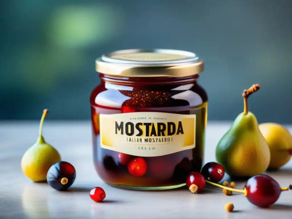 Tarro de mostarda italiana picante dulce casera con frutas vibrantes y etiqueta elegante